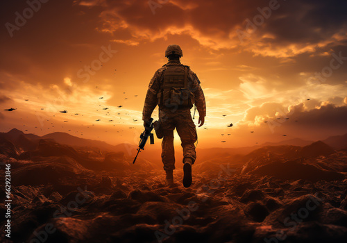 Fictional image of a soldier walking at the end of the day. Appeal for peace between Israel and the Palestinian people. AI generated