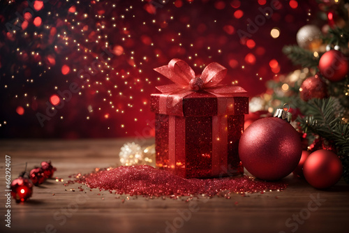 Beautiful red theme christmas background with gifts and decorations.