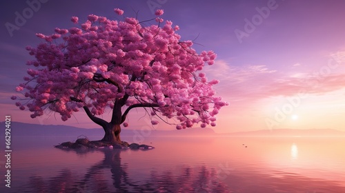  a tree with pink flowers is in the middle of the water.  generative ai © Anna