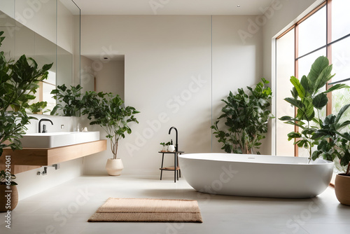 A sleek and minimalist bathroom with a standalone bathtub and shower.