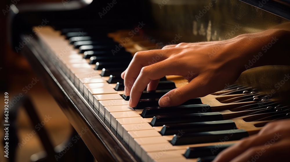 Obraz premium Close-up of a person's male hands expertly playing the piano keys