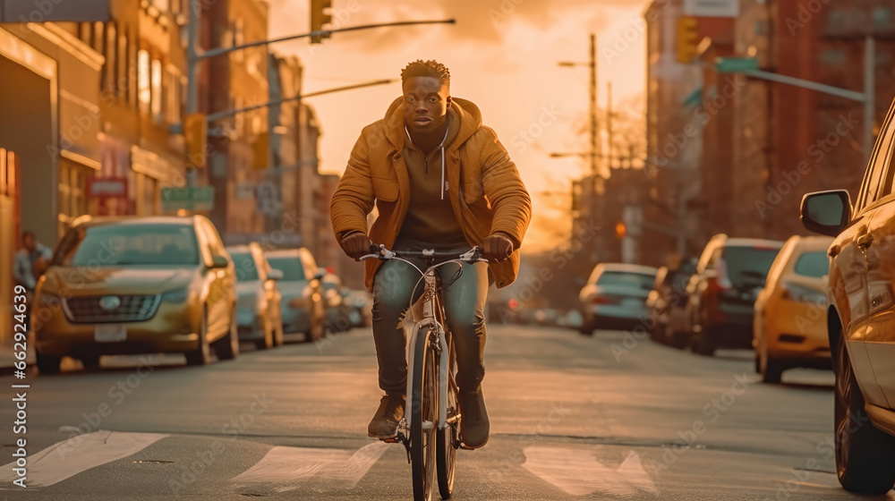 A young man is joyfully riding his bicycle along a city street A young man is joyfully riding his bicycle along a city street