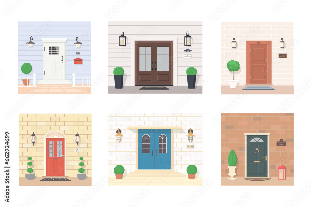 Collection of entrance doors with lanterns, plants, signs. Exterior concept for house entrances. Vector illustration. Cartoon flat style