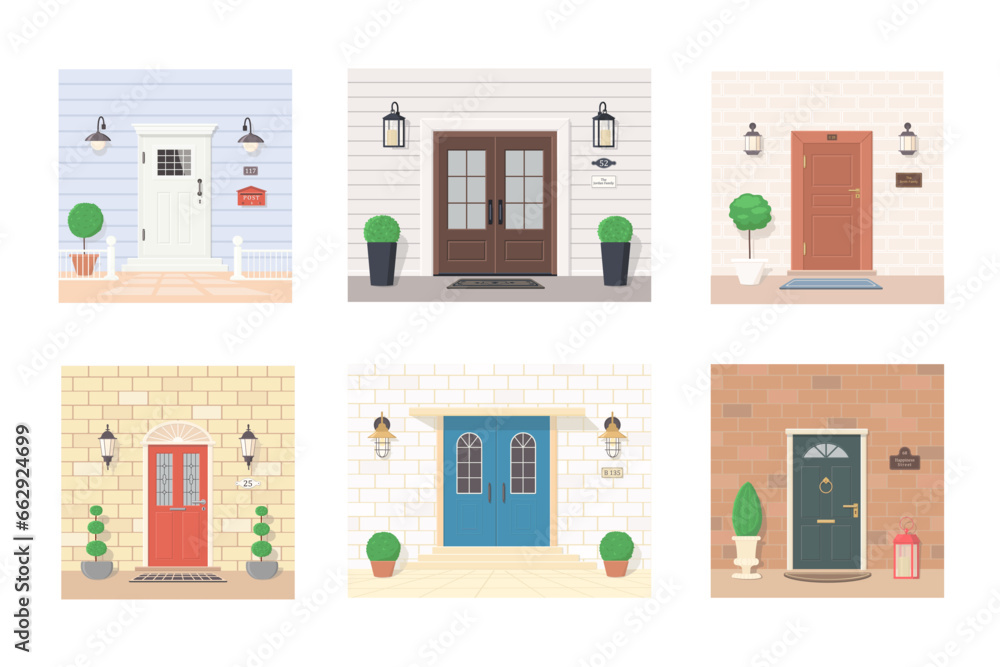 Collection of entrance doors with lanterns, plants, signs. Exterior concept for house entrances. Vector illustration. Cartoon flat style Collection of entrance doors with lanterns, plants, signs. Exterior concept for house entrances. Vector illustration. Cartoon flat style
