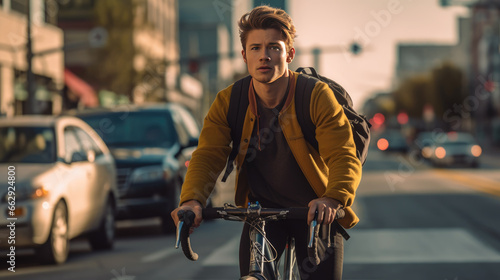 A young man is joyfully riding his bicycle along a city street © didiksaputra