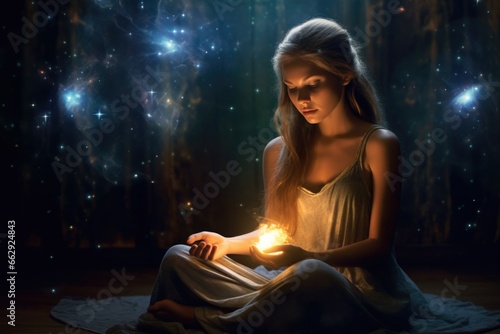 Little sorceress holds fire in her palms photo