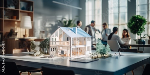 Building Dreams in a Modern Office: A House Model Takes Center Stage on a Table Surrounded by People, Discussing House Financing, Loans, Architectural Plans, Blueprints, and Rental Options