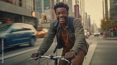 A young man is joyfully riding his bicycle along a city street