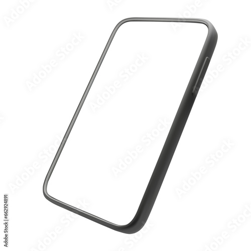 3d render floating black smart phone with white screen. Mobile mockup. Vector realistic smartphone template. Telephone frame with blank display isolated