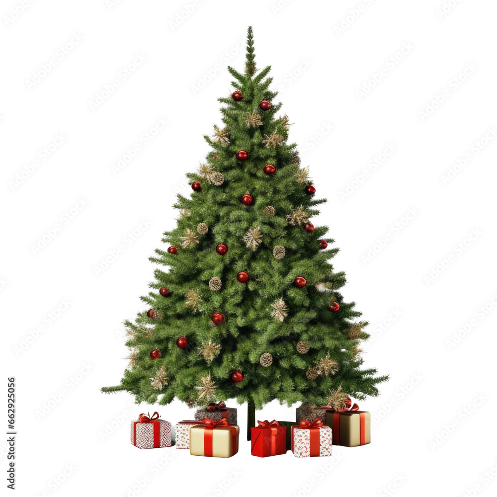 Fototapeta premium Christmas tree, ball and gift, Christmas decoration clipart for design isolated on transparent background