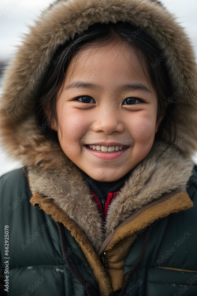 A closeup portrait of a beaming Inuit child, their cheeks rosy from the cold winter air. A closeup portrait of a beaming Inuit child, their cheeks rosy from the cold winter air.