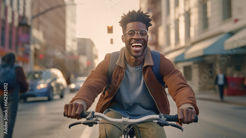 A young man is joyfully riding his bicycle along a city street