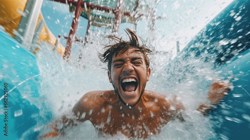 A happy person riding on the water slide in the waterpark photo