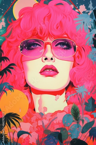 a vibrant retro poster art illustration in pink color tone palette , a close-up portrait of a girl with risograph style effect, grain texture
