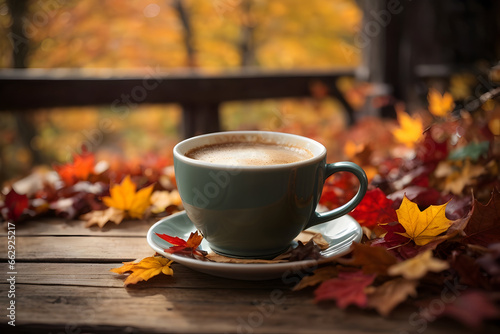A cozy coffee cup, nestled among a bed of vibrant autumn leaves on a rustic wooden table.