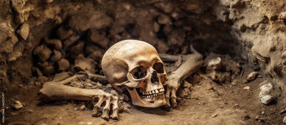 Ancient tomb holds ancient skeleton With copyspace for text - obrazy, fototapety, plakaty 