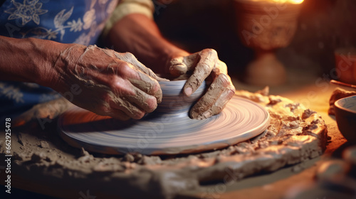 Close-up view of an artist's hands meticulously shaping and crafting a ceramic piece