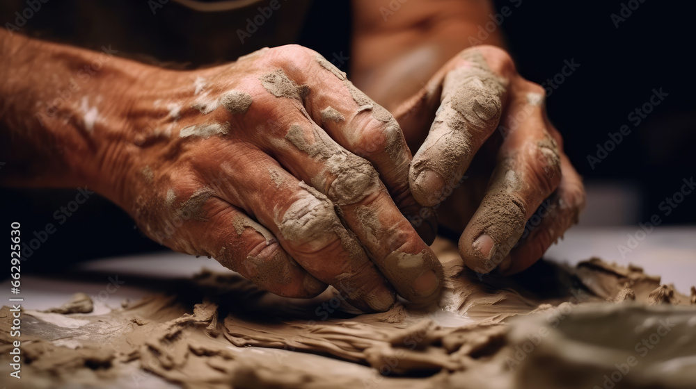 Fototapeta premium Close-up view of an artist's hands meticulously shaping and crafting a ceramic piece