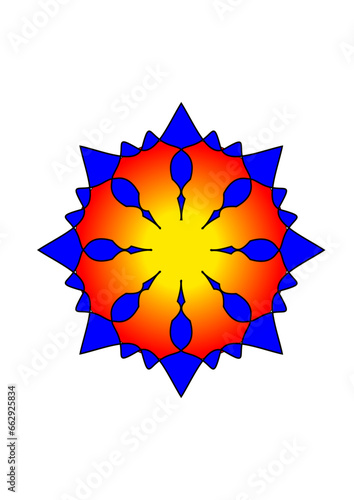 mehrfarbige rosette aus abstrakten blauen grafischen elementen vor rot-orangem hintergrund, modernes design