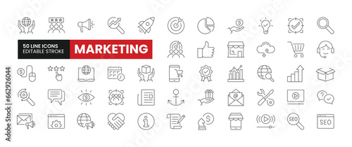 Set of 50 Digital Marketing line icons set. Digital Marketing outline icons with editable stroke collection. Includes Marketing, Customers, SEO, Earnings, Target Audience and More.