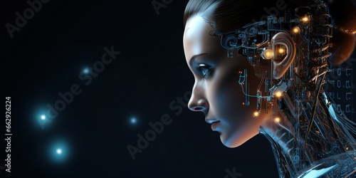 Futuristic AI Woman, Robot with Touch Technology Interface