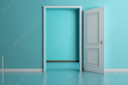 Simple, right-angled, flat turquoise blue wall with a white door and wooden flooring, mockup, template, illustration. Generative AI