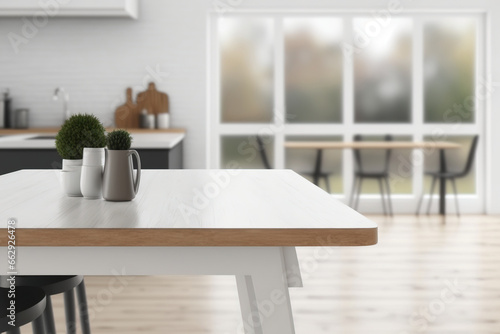 Background template of a home interior with a wooden table for advertising home goods. Generative AI