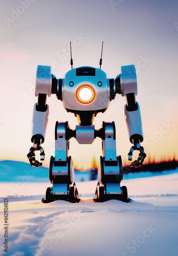 moderno robot in piedi e fermo in un campo innevato al tramonto che osserva il paesaggio