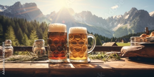 Leinwand Poster Two Beer Jugs Rest on a Table at a Hut, with the Majestic Alps as a Backdrop, Ce