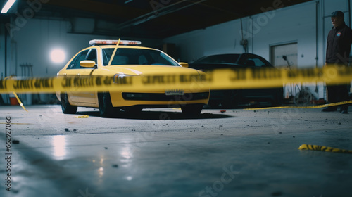 The law enforcement officer's yellow car and the crime scene tape are yellow