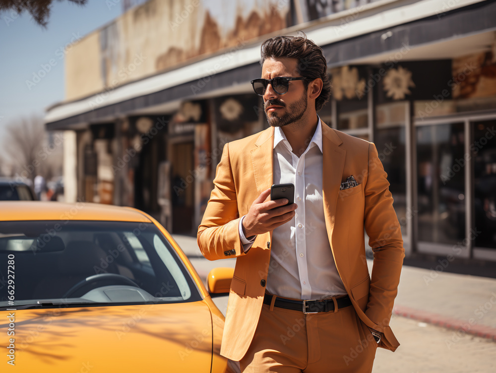 Businessman travelling by taxi and making phone call Generative AI	
