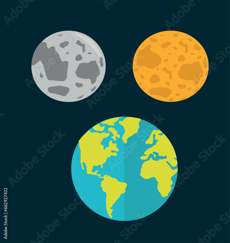 Earth, moon and sun, stars. planets. Earth, moon, sun vector illustration