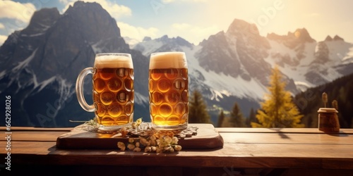 Fotografiet Two Beer Jugs Rest on a Table at a Hut, with the Majestic Alps as a Backdrop, Ce