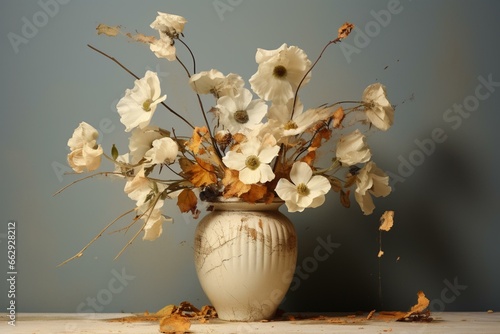 Dying flowers in a pale vase, on a plain backdrop, on a special day. Generative AI