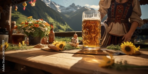 Print op canvas Two Beer Jugs Rest on a Table at a Hut, with the Majestic Alps as a Backdrop, Ce