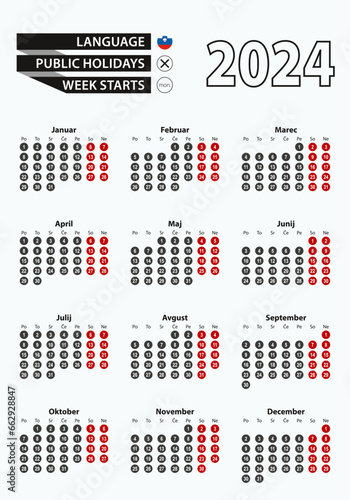 Vector template calendar 2024 with number in circles, simple Slovenian calendar for year 2024.