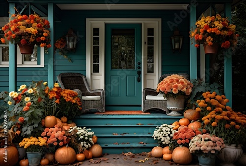 Beautiful autumn decoration on the porch of a blue wooden house.