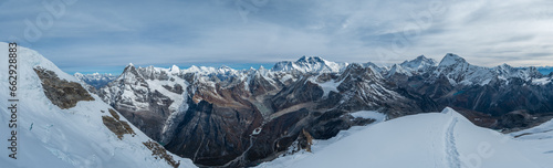 Mount Everest, Nuptse, Lhotse with South Face wall, Makalu, Chamlang beautiful panoramic shot of a High Himalayas from Mera peak high camp site at 5800m. 43MP high definition multishot photo. photo