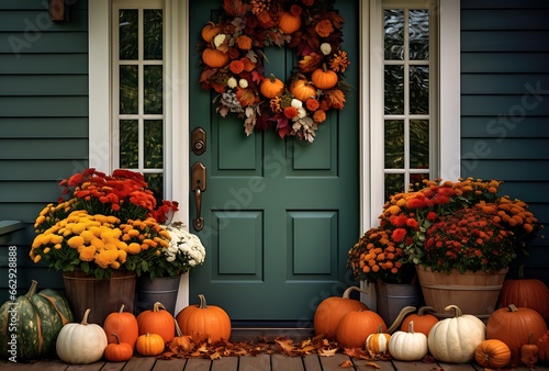 Halloween pumpkins and flowers on front door. 3d render