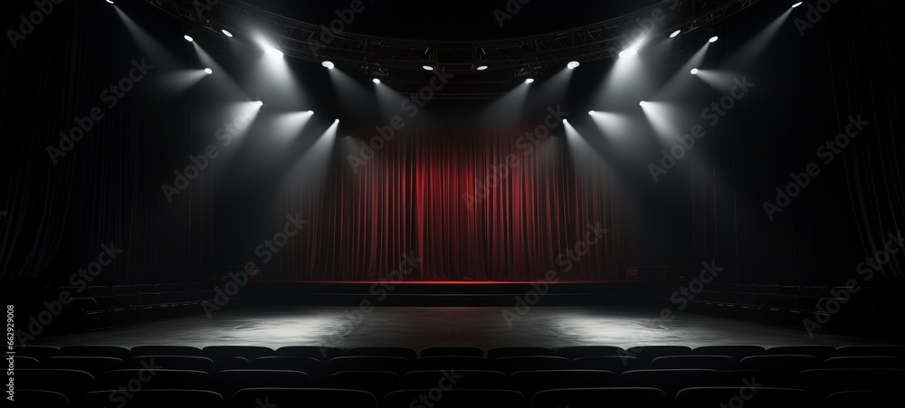Empty 3d room background template - Theater stage with black red velvet curtains and spotlights - obrazy, fototapety, plakaty 