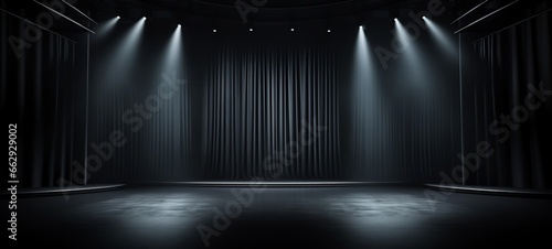 Empty 3d room background template - Theater stage with black velvet curtains and spotlights