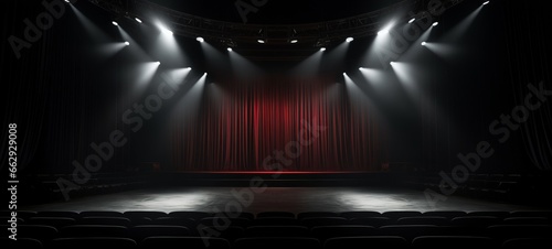 Empty 3d room background template - Theater stage with black red velvet curtains and spotlights photo