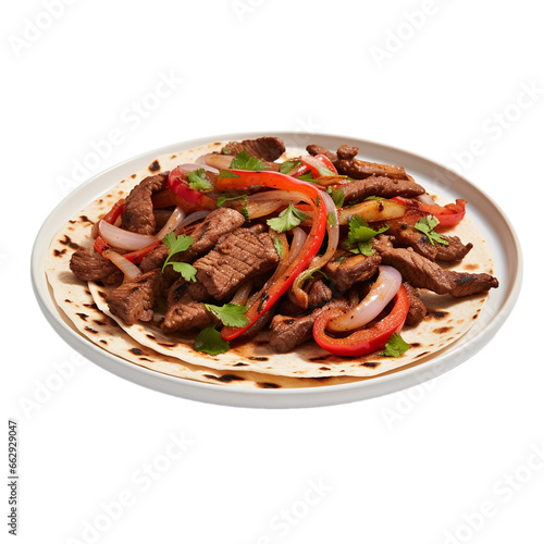 beef fajitas with vegetables and greenery isolated on white background, ai generated