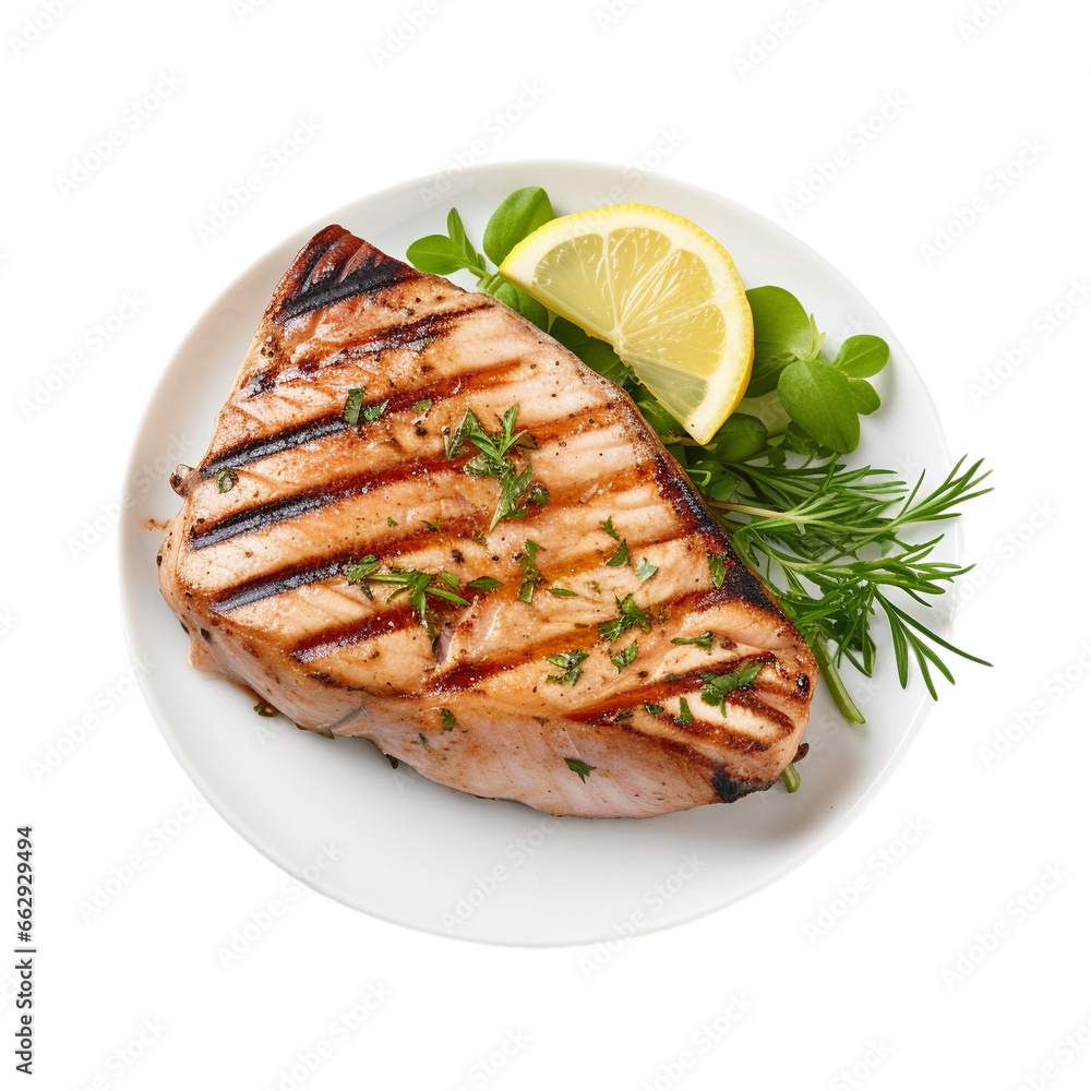 plate of grilled fish steak top view isolated on white background, ai generated plate of grilled fish steak top view isolated on white background, ai generated