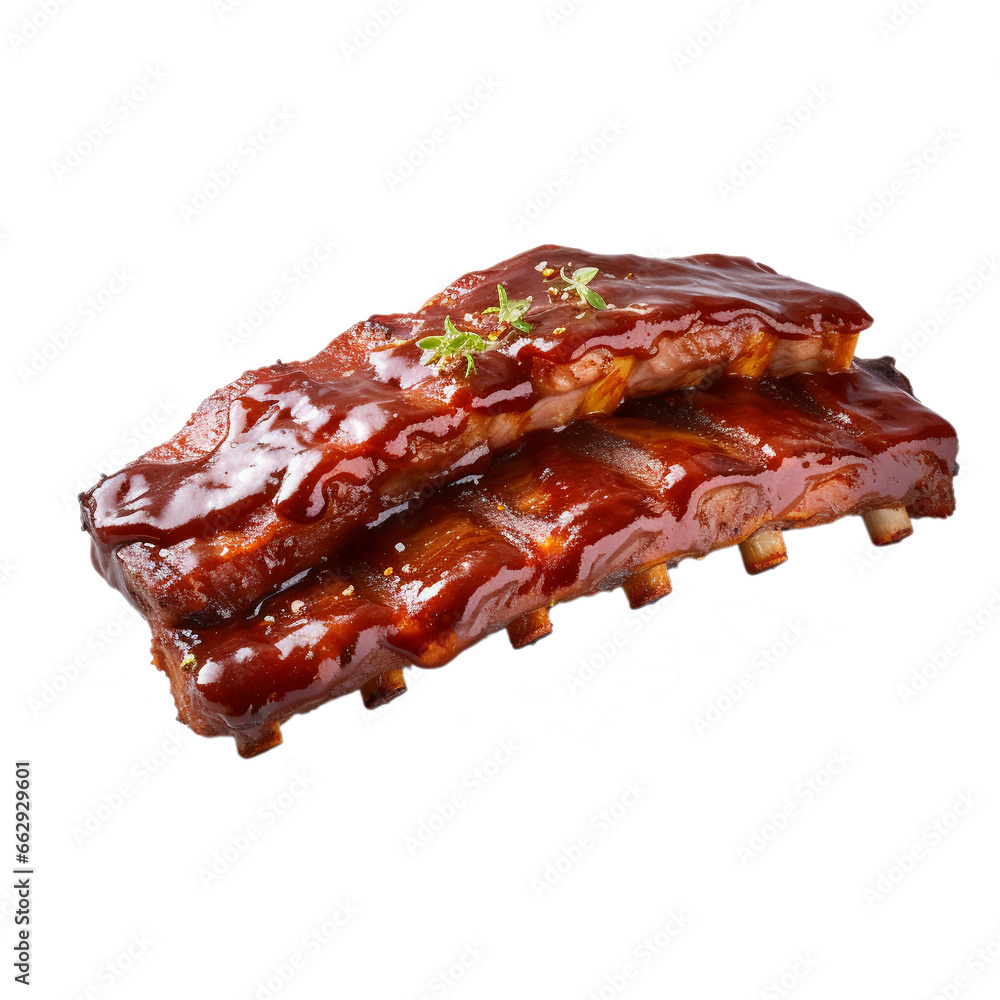 tasty barbecue ribs with sauce isolated on white background, ai generated