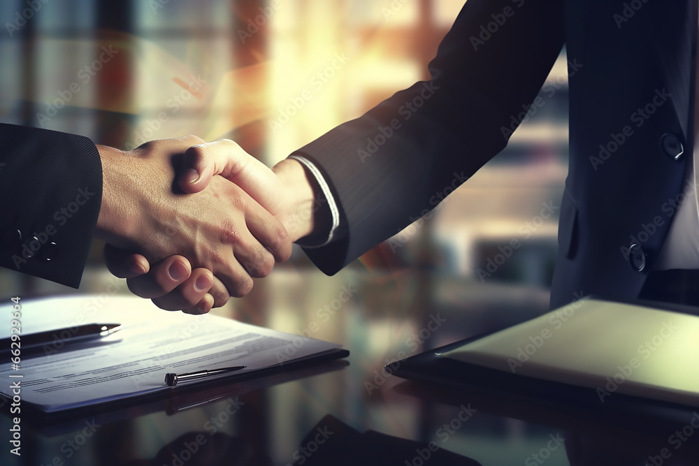business people shaking hands in office on contract agreement