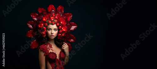 Portrait of a beautiful young woman in creative red color costume with headdress on black background. Fashion beauty concept. Copy space