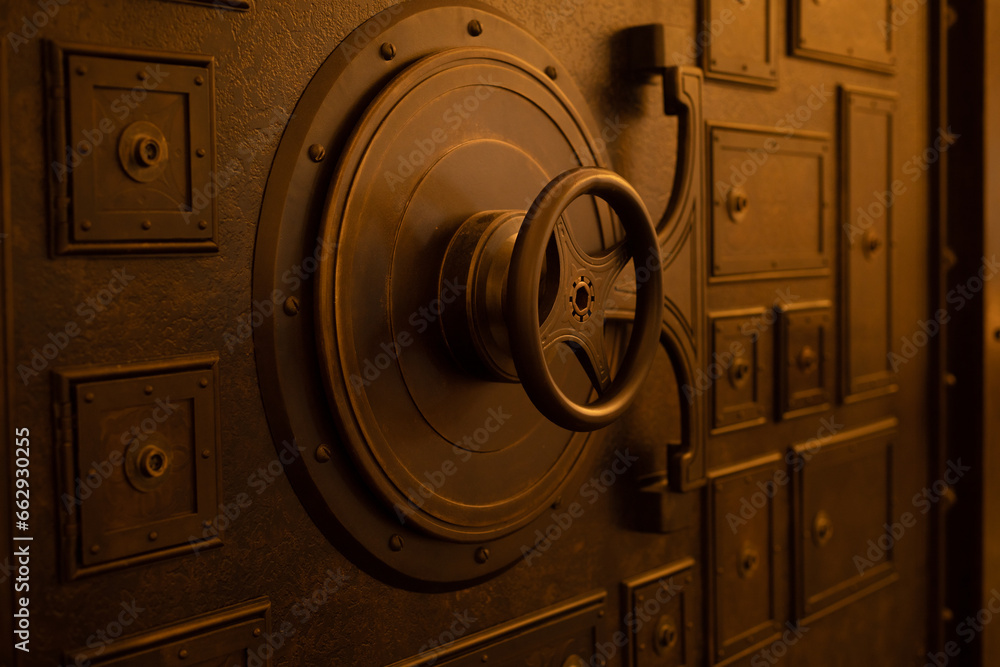 Closed steel bank vault door, close-up. Bank vault. Safe storage of valuables - obrazy, fototapety, plakaty 