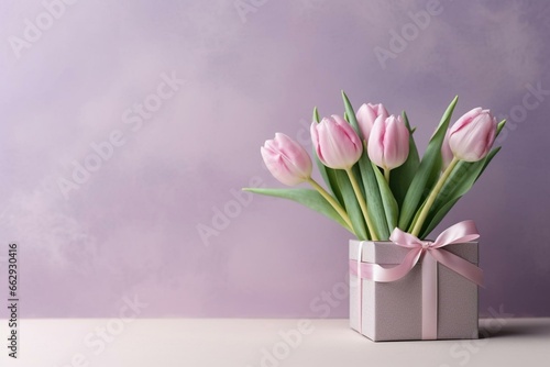 Tulips and gift box on a pastel background. Generative AI