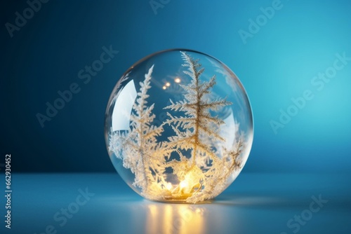 See-through Xmas ball adorned with a tree, set against a blue background. Generative AI